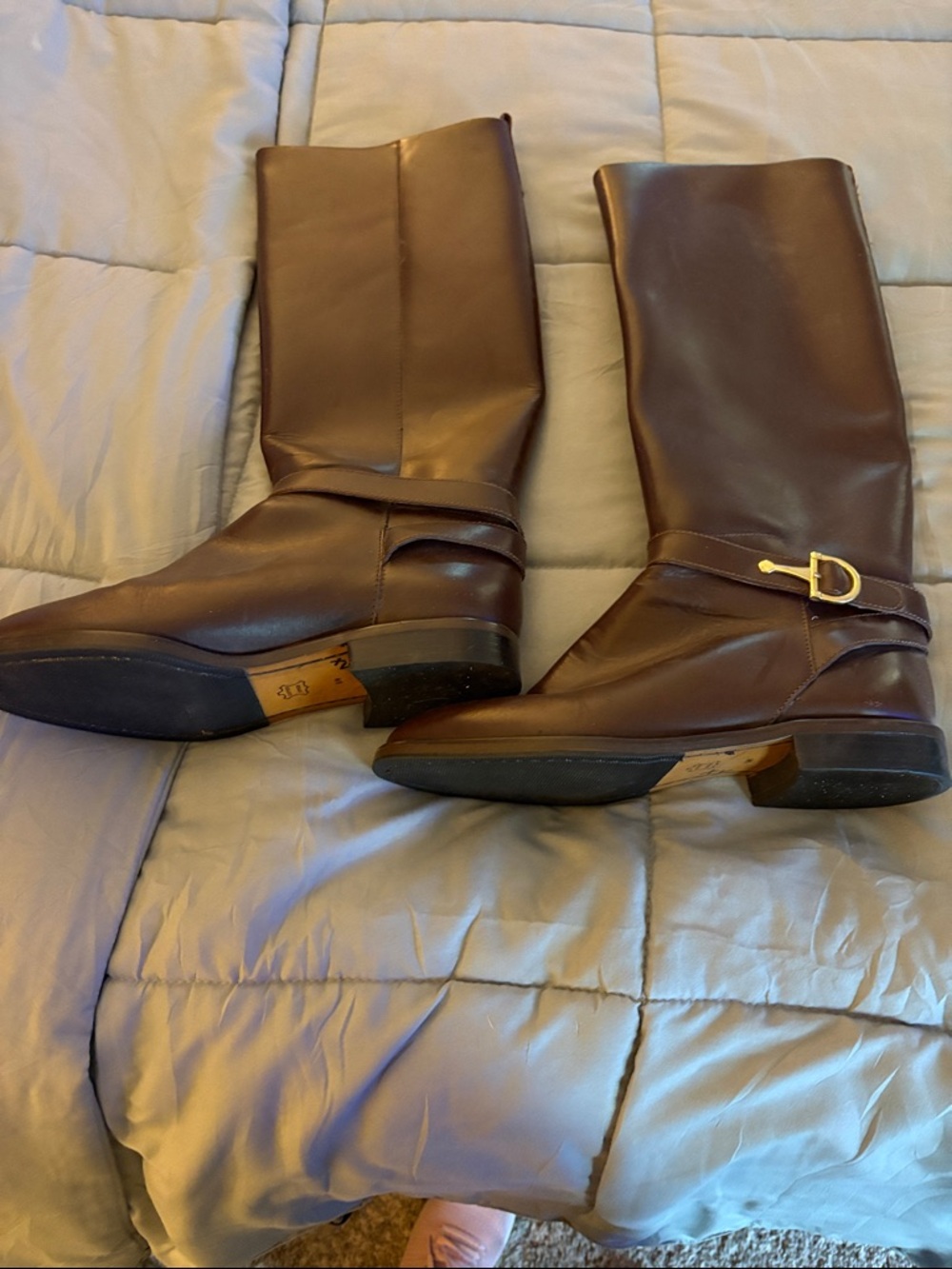 Nine West Brown Leather Mid-Calf Heeled Boots with Gold Buckle